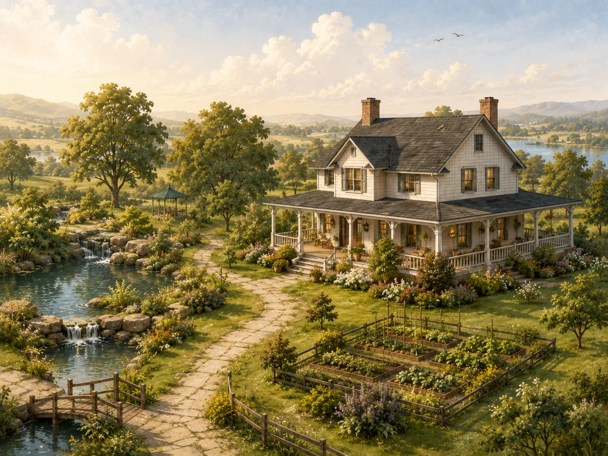 The first son’s farmhouse beside water, gardens, and a gazebo