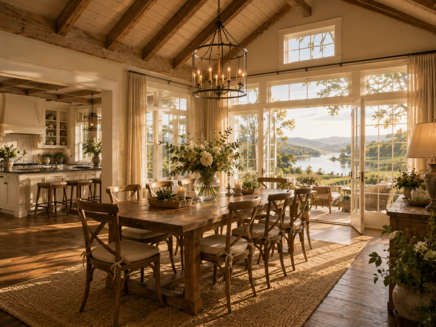 Warm farmhouse dining room with long wood table, chandelier, and doors opening toward the water