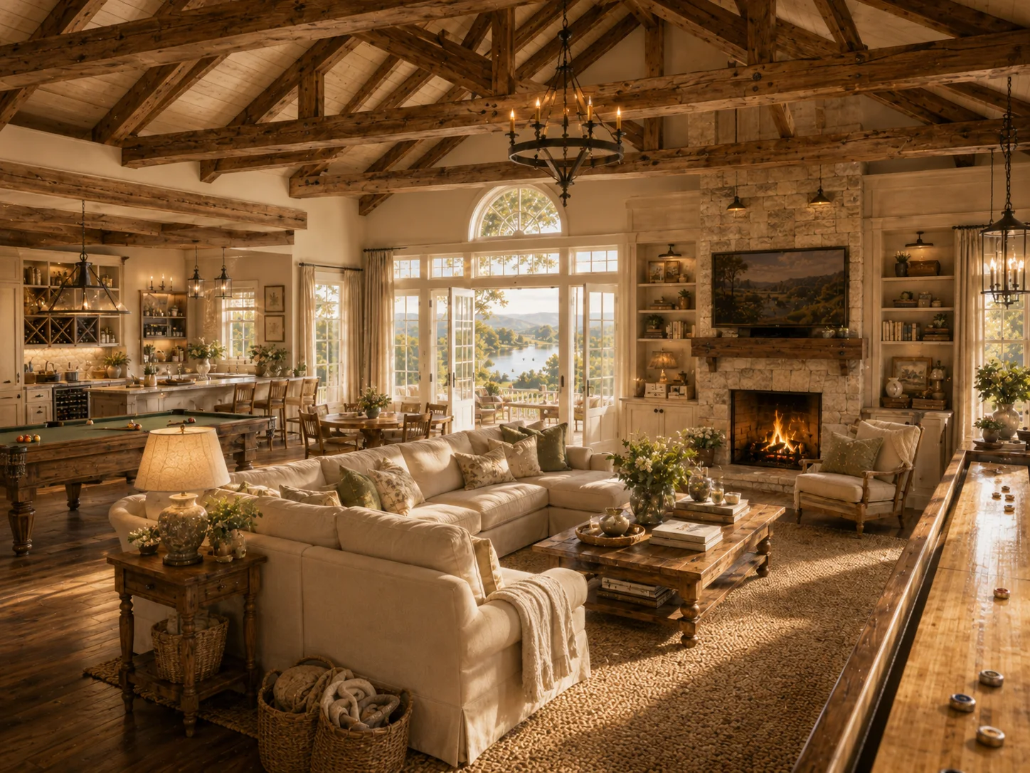 Large farmhouse entertainment room with sectional, fireplace, pool table, bar, and shuffleboard