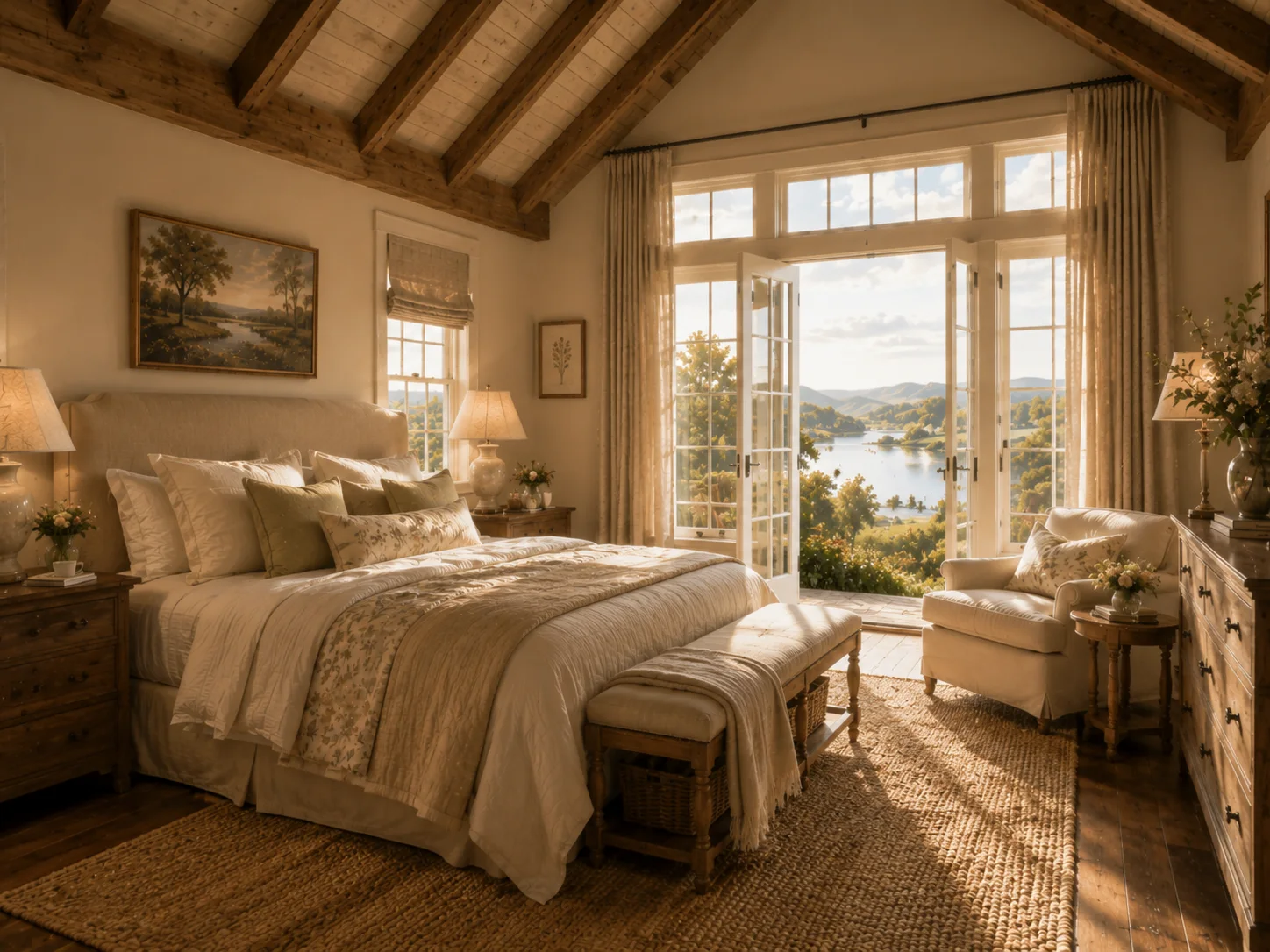 Warm guest bedroom with vaulted ceiling and open doors toward the water