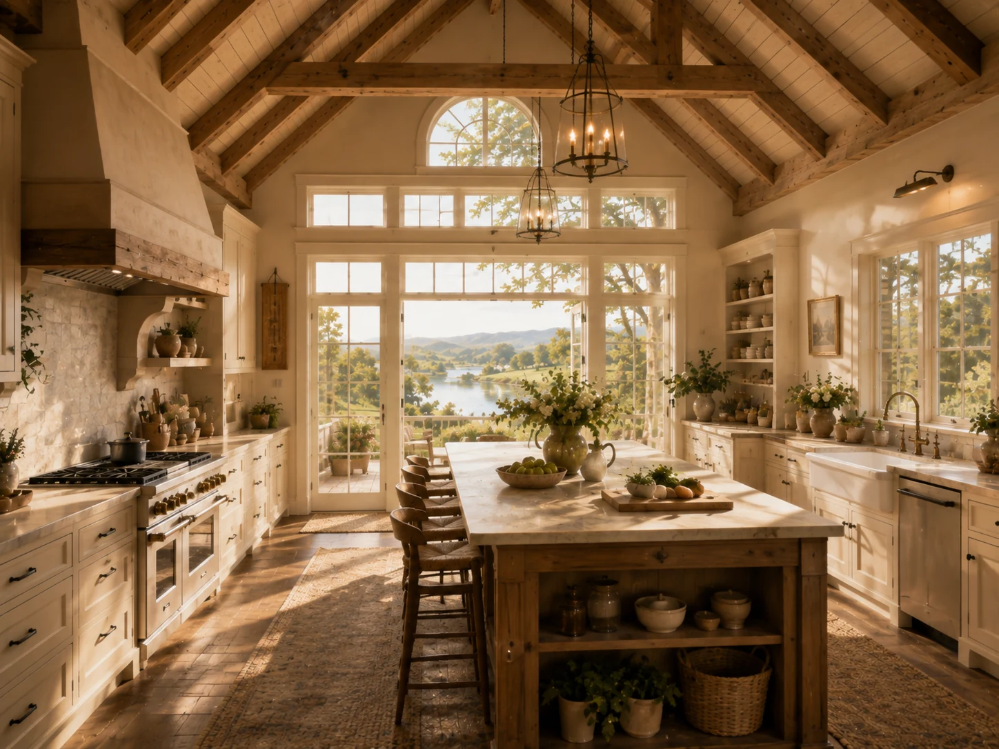 Sunlit farmhouse kitchen with vaulted beams, large island, farmhouse sink, and lake view
