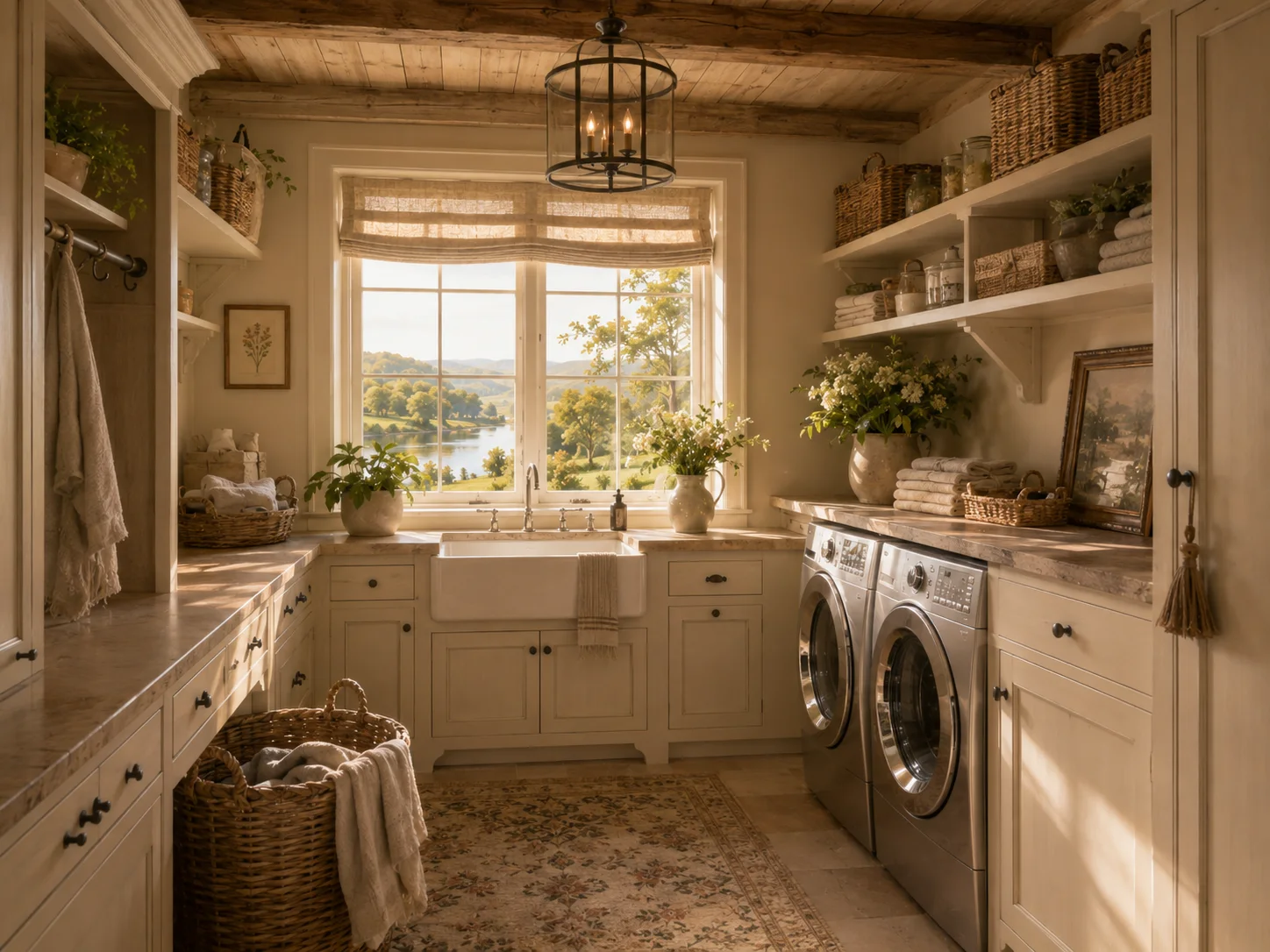 Farmhouse laundry room with sink, washer and dryer, cabinetry, and water view