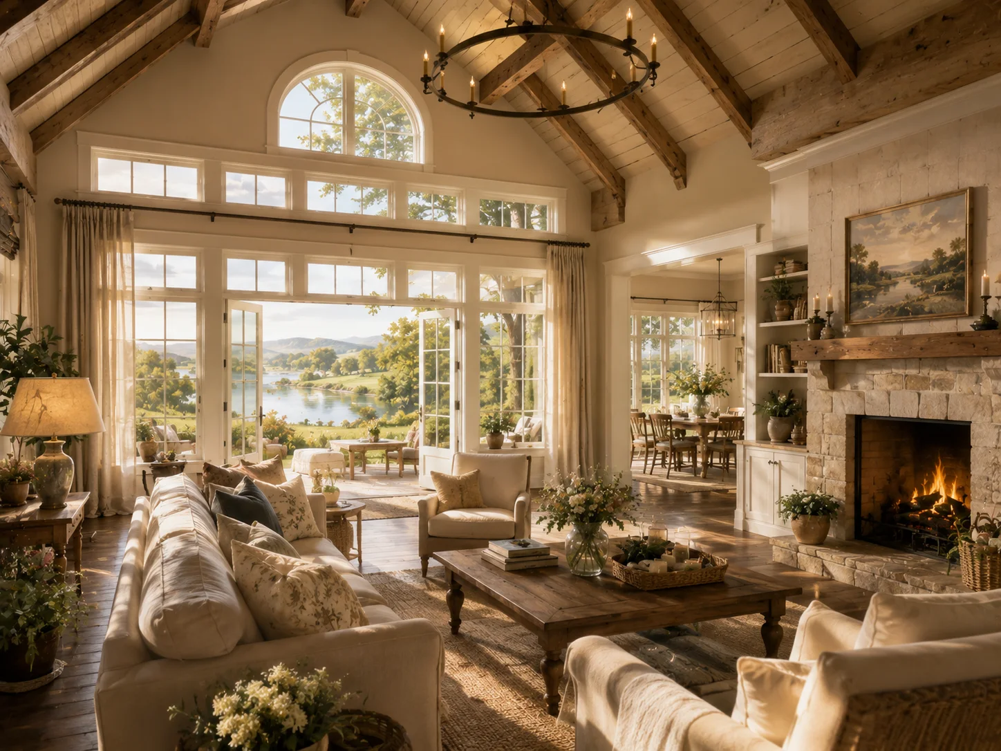 Cozy vaulted living room with stone fireplace and wide water views