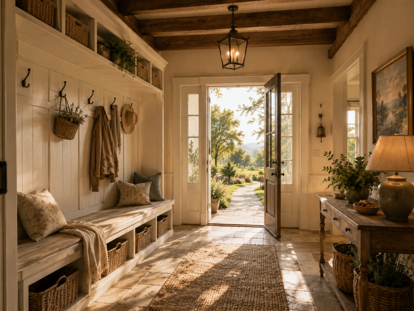 Farmhouse mudroom with built-in bench, baskets, hooks, stone floor, and open garden entry