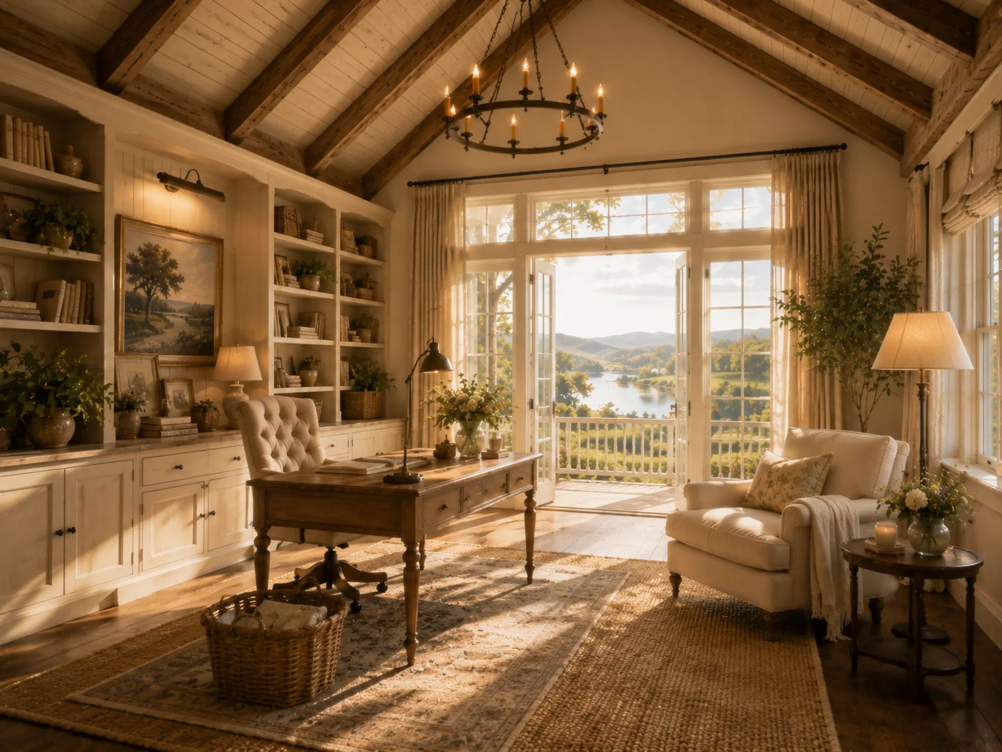 Sunlit farmhouse office with wood desk, built-in shelves, and water view