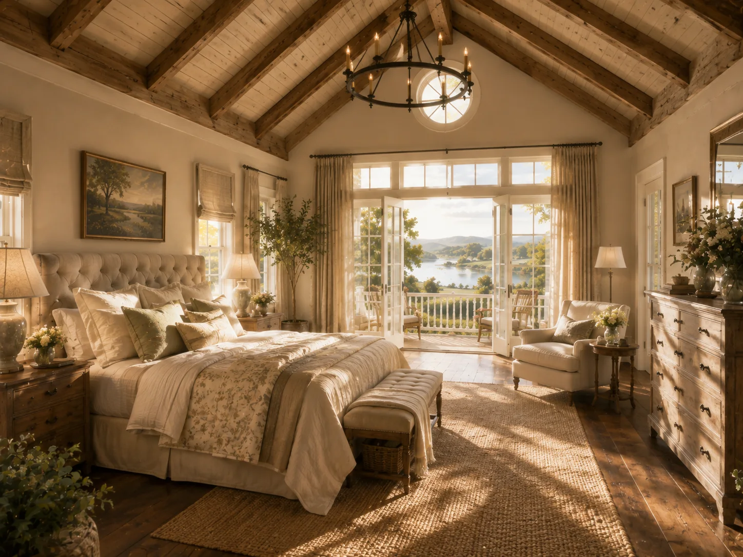 Primary bedroom with high wood-beam ceiling, layered linens, and water view