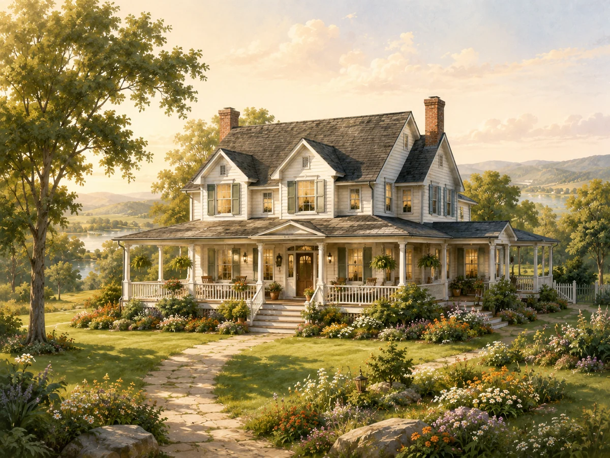The welcoming central farmhouse surrounded by flower gardens