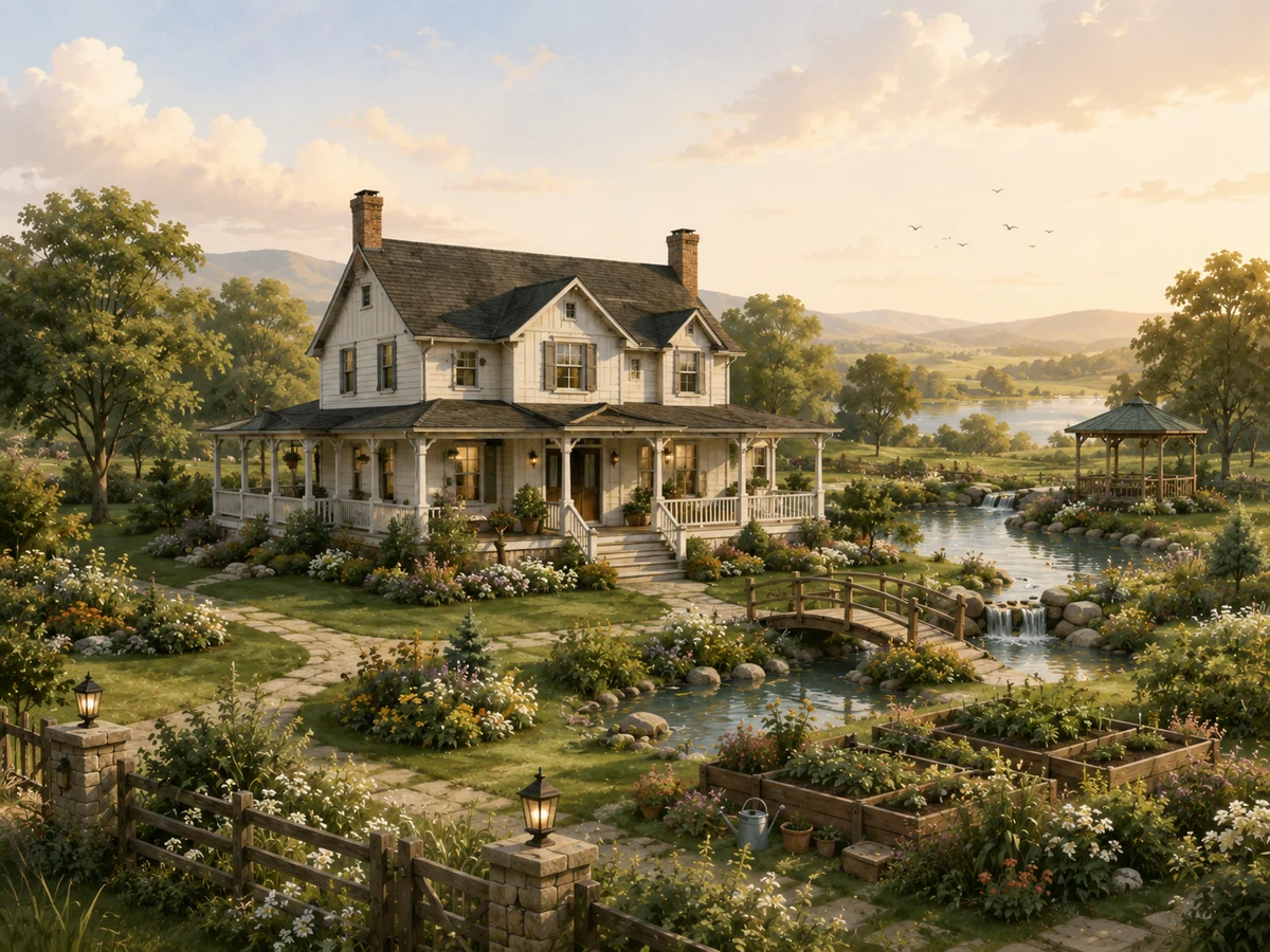 The second son’s farmhouse with a bridge, stream, and garden beds