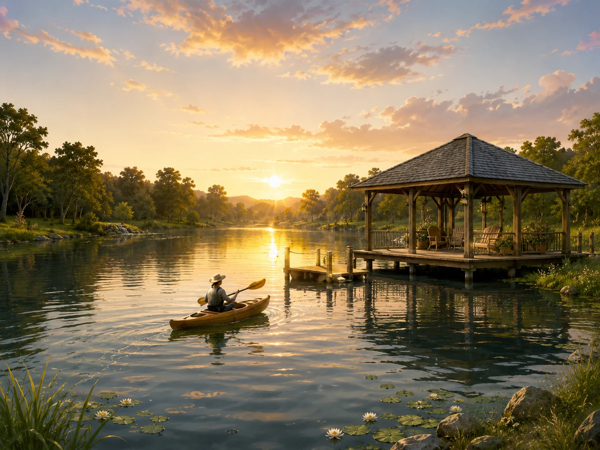 A peaceful kayaker approaching a lakeside pavilion at sunset